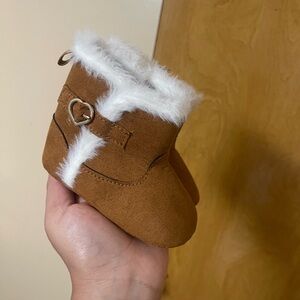 Laura Ashley Brown Baby Booties with Faux Fur Trim